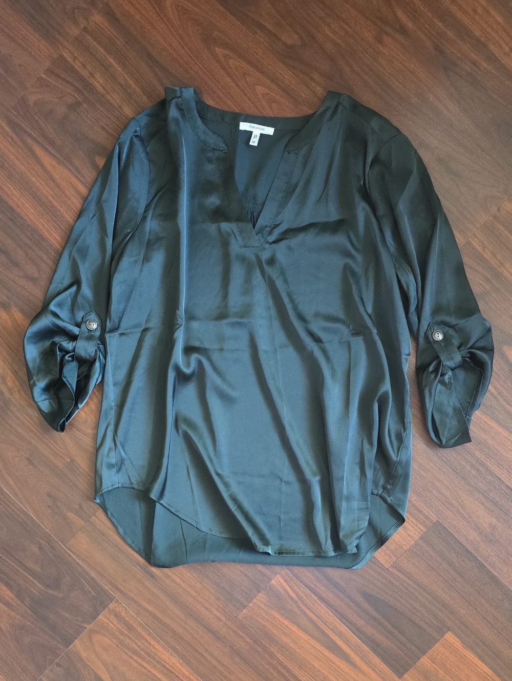 Maurices Silky V-Neck Roll-Sleeve Womens Top - Dark Green